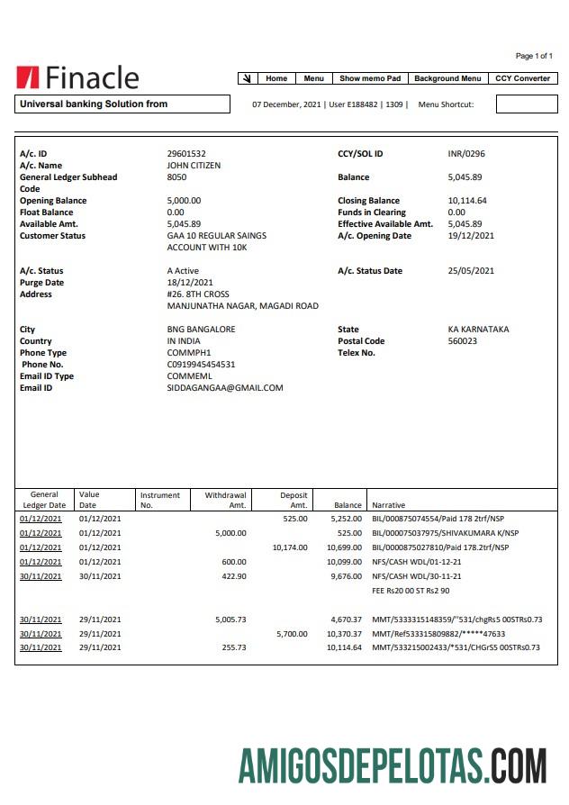 Extrato bancário do Finacle da Índia para download, modelo fácil de preencher em formato Word e PDF